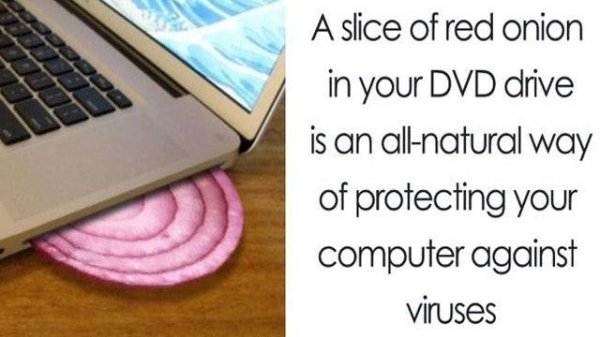 horrible life hacks - A slice of red onion in your Dvd drive is an allnatural way of protecting your computer against viruses