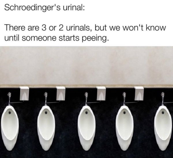 schrodinger's urinal meme - Schroedinger's urinal There are 3 or 2 urinals, but we won't know until someone starts peeing.