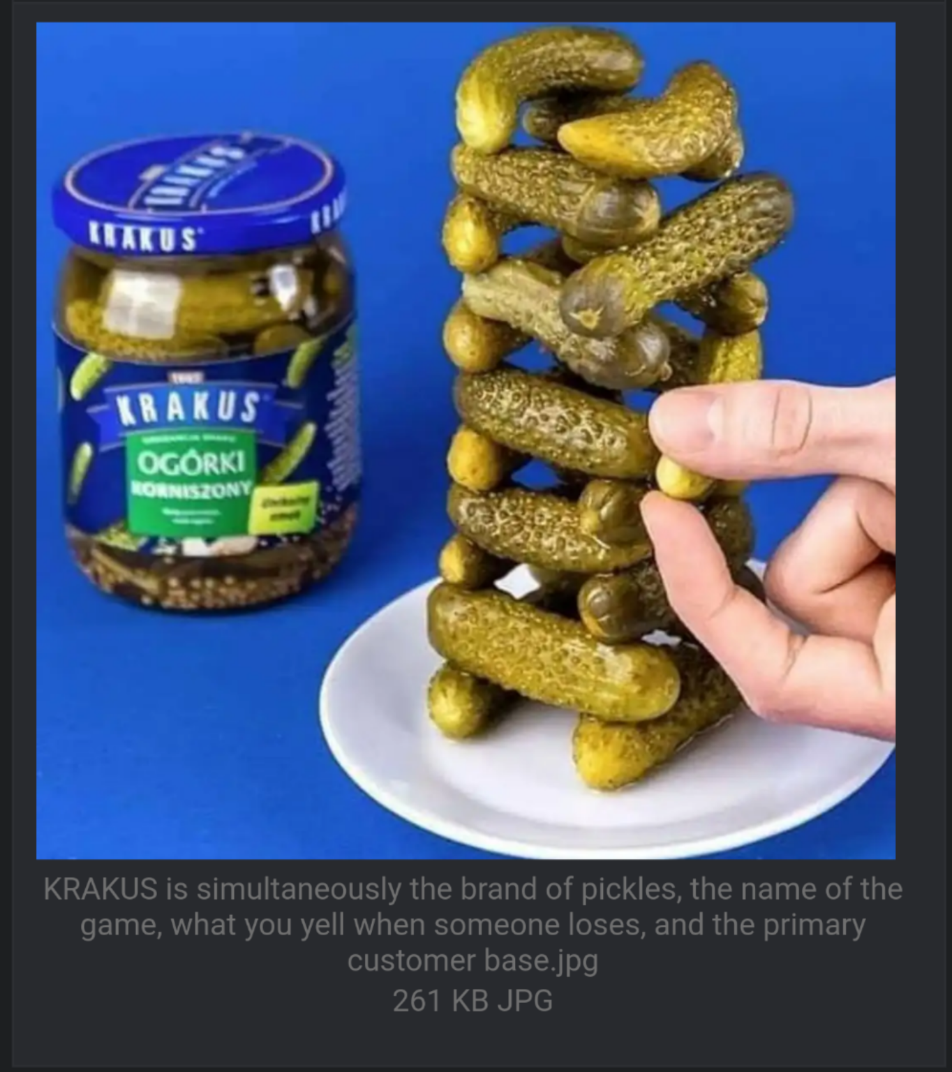 polish jenga - Luakus Trakus Ogrki Roszony Krakus is simultaneously the brand of pickles, the name of the game, what you yell when someone loses, and the primary customer base.jpg 261 Kb Jpg