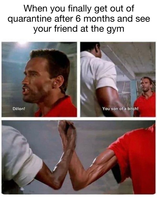 seeing each other at the gym after 3 months of quarantine - When you finally get out of quarantine after 6 months and see your friend at the gym Dillon! You son of a bitch!