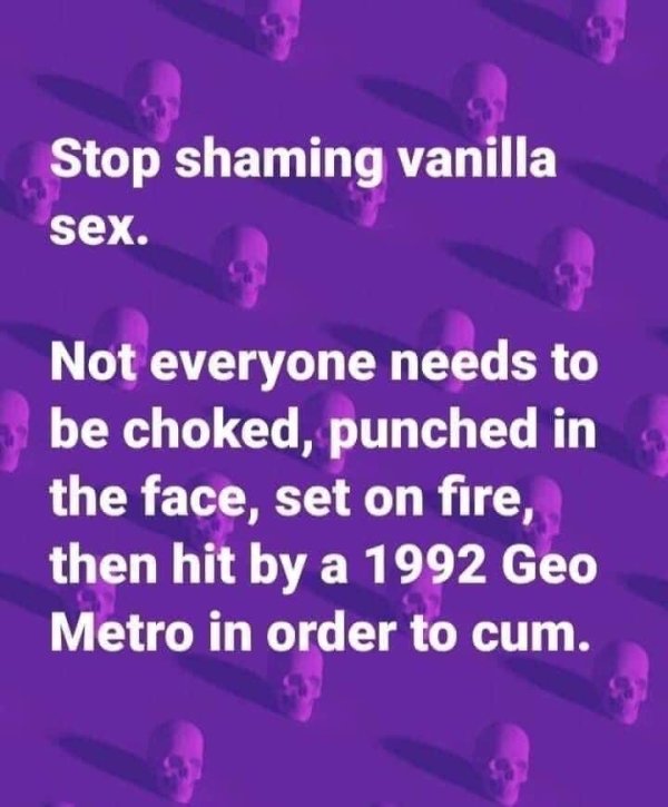 lilac - Stop shaming vanilla sex. Not everyone needs to be choked, punched in the face, set on fire, then hit by a 1992 Geo Metro in order to cum.