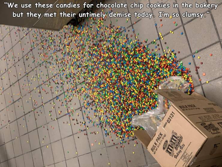 map - "We use these candies for chocolate chip cookies in the bakery but they met their untimely demise today. I'm so clumsy." Bulk Pack 003131 Sin Net WT15 Min Baking Bits