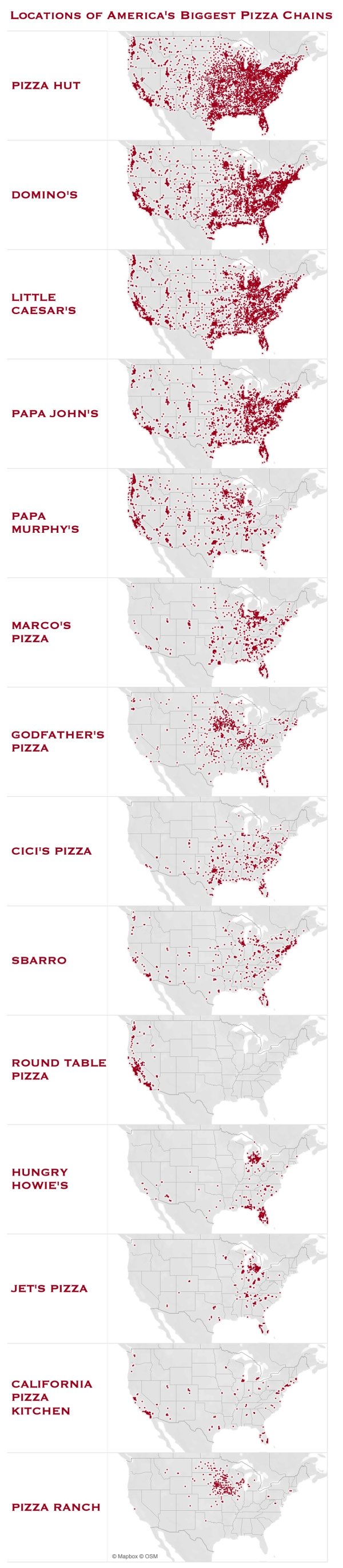 Locations Of America'S Biggest Pizza Chains Pizza Hut Domino'S Little Caesar'S Papa John'S Papa Murphy'S Marco'S Pizza Godfather'S Pizza Cici'S Pizza Sbarro Round Table Pizza Hungry Howie'S Jet'S Pizza California Pizza Kitchen Pizza