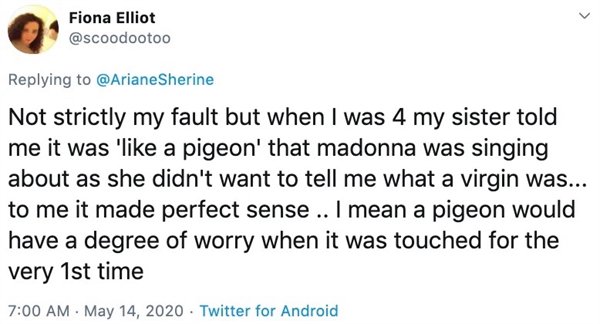 Not strictly my fault but when I was 4 my sister told me it was ' a pigeon' that madonna was singing about as she didn't want to tell me what a virgin was... to me it made perfect sense .. I mean a pigeon would have a degree of worry when it was touched f