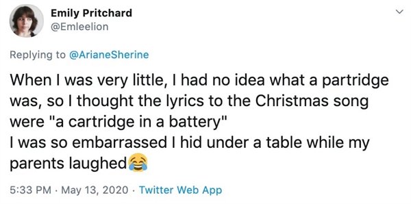 When I was very little, I had no idea what a partridge was, so I thought the lyrics to the Christmas song were a cartridge in a battery I was so embarrassed I hid under a table while my parents laughed
