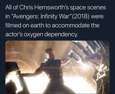 avengers infinity war thor star - All of Chris Hemsworth's space scenes in "Avengers Infinity War" 2018 were filmed on earth to accommodate the actor's oxygen dependency.