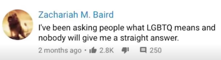 zachariah william meme - Zachariah M. Baird I've been asking people what Lgbtq means and nobody will give me a straight answer. 2 months ago.it E 250