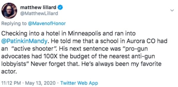 diagram - matthew lillard Lillard Honor Checking into a hotel in Minneapolis and ran into . He told me that a school in Aurora Co had an "active shooter". His next sentence was "progun advocates had 100X the budget of the nearest antigun lobbyists" Never 