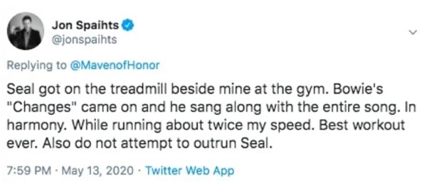 Justin Sun - Jon Spaihts Honor Seal got on the treadmill beside mine at the gym. Bowie's "Changes" came on and he sang along with the entire song. In harmony. While running about twice my speed. Best workout ever. Also do not attempt to outrun Seal. . Twi