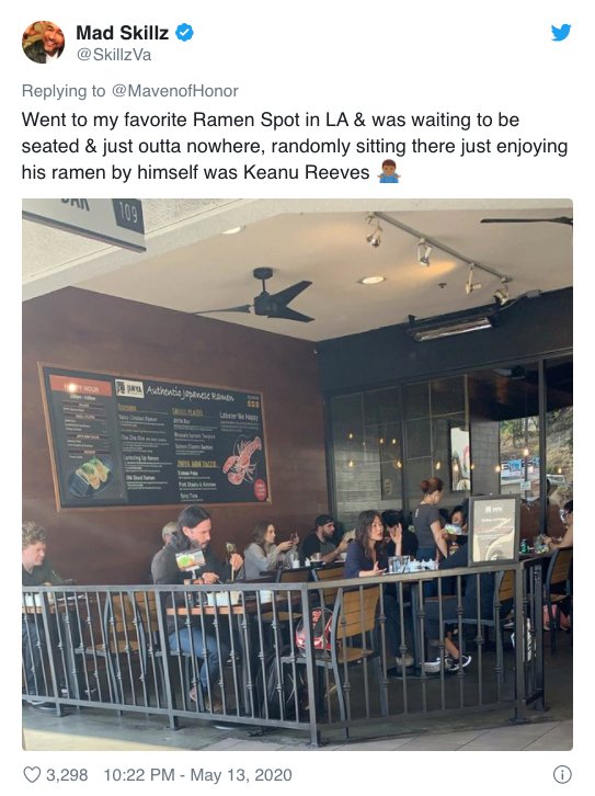 Mad Skillz Va Went to my favorite Ramen Spot in La & was waiting to be seated & just outta nowhere, randomly sitting there just enjoying his ramen by himself was Keanu Reeves 109 Astrationer 3,298