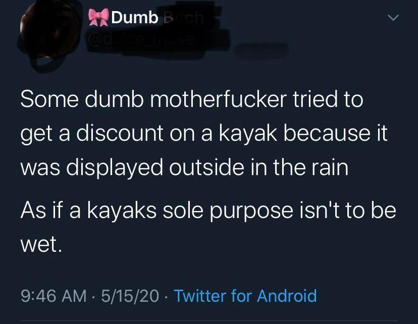 screenshot - Dumbch Some dumb motherfucker tried to get a discount on a kayak because it was displayed outside in the rain As if a kayaks sole purpose isn't to be wet. . 51520 Twitter for Android