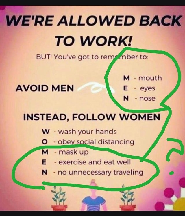 We'Re Allowed Back To Work! But! You've got to remember to M mouth Avoid Men E eyes N nose Instead, Women W wash your hands o obey social distancing M mask up E exercise and eat well N no unnecessary traveling a
