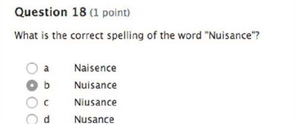 Question 18 1 point What is the correct spelling of the word "Nuisance"? Naisence a b Nuisance Niusance d Nusance