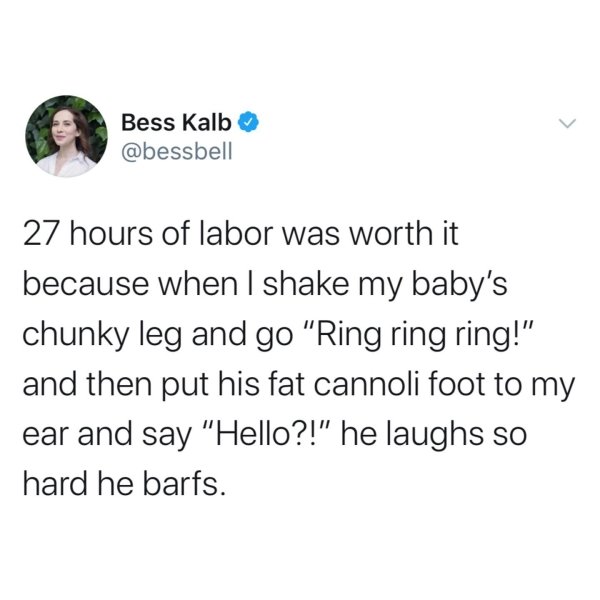 slow cooked ribs meme - Bess Kalb 27 hours of labor was worth it because when I shake my baby's chunky leg and go "Ring ring ring!" and then put his fat cannoli foot to my ear and say "Hello?!" he laughs so hard he barfs.