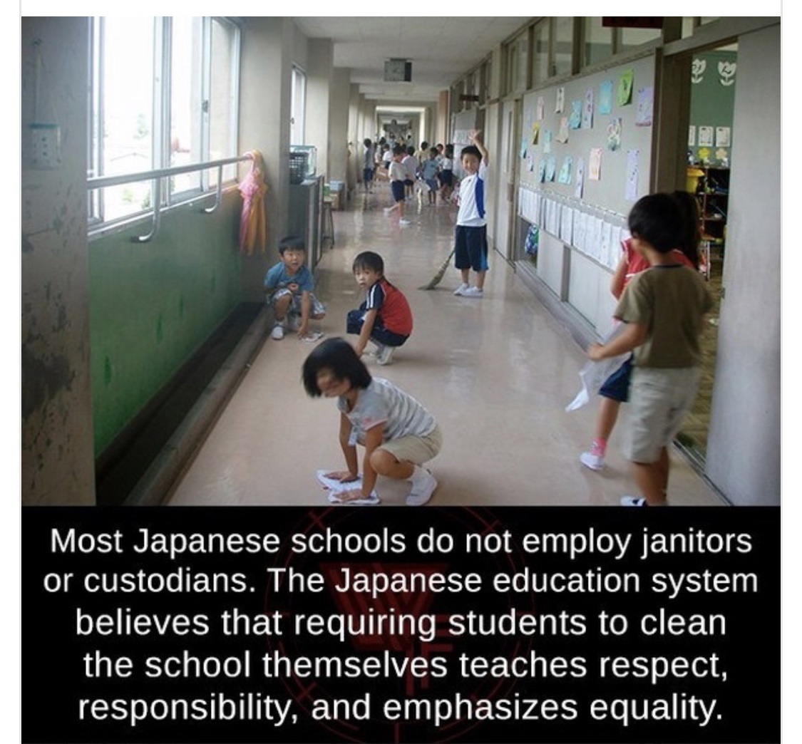 japan school cleaning - Most Japanese schools do not employ janitors or custodians. The Japanese education system believes that requiring students to clean the school themselves teaches respect, responsibility, and emphasizes equality.