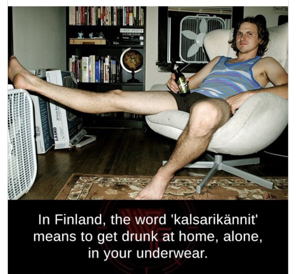 getting drunk alone in your underwear - Ds Dxn Spiese Lasko 1 In Finland, the word 'kalsariknnit' means to get drunk at home, alone, in your underwear.