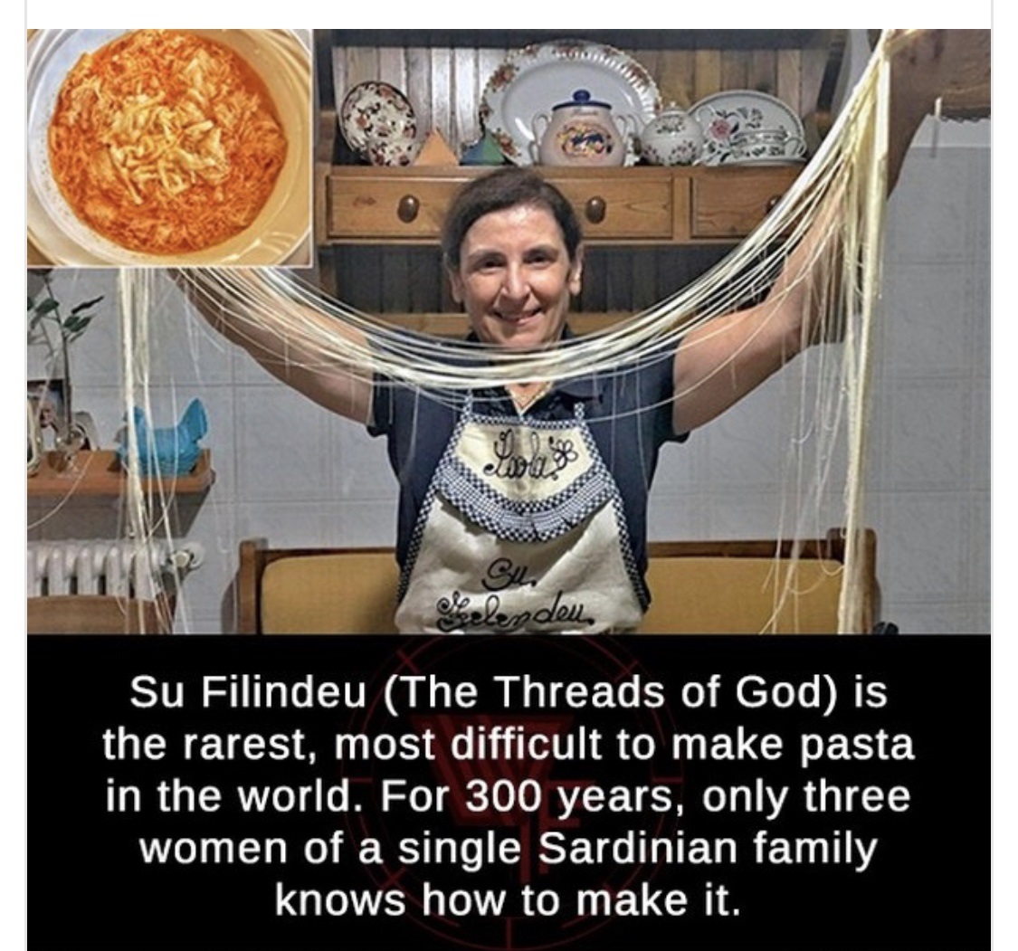 photo caption - wa Gu 22 De delle Su Filindeu The Threads of God is the rarest, most difficult to make pasta in the world. For 300 years, only three women of a single Sardinian family knows how to make it.