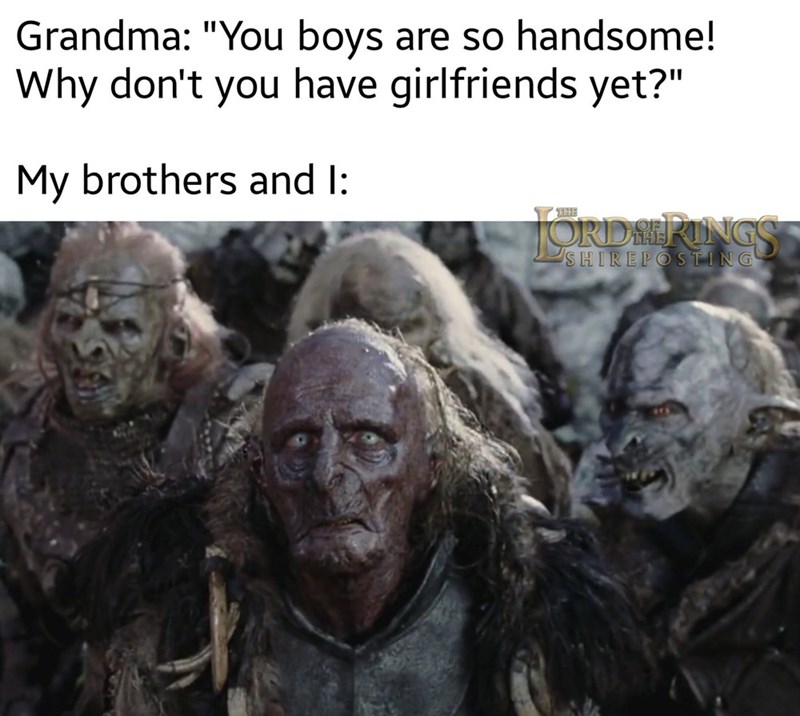 orcs the lord of the rings - Grandma "You boys are so handsome! Why don't you have girlfriends yet?" My brothers and I Jordan Rings Shireposting
