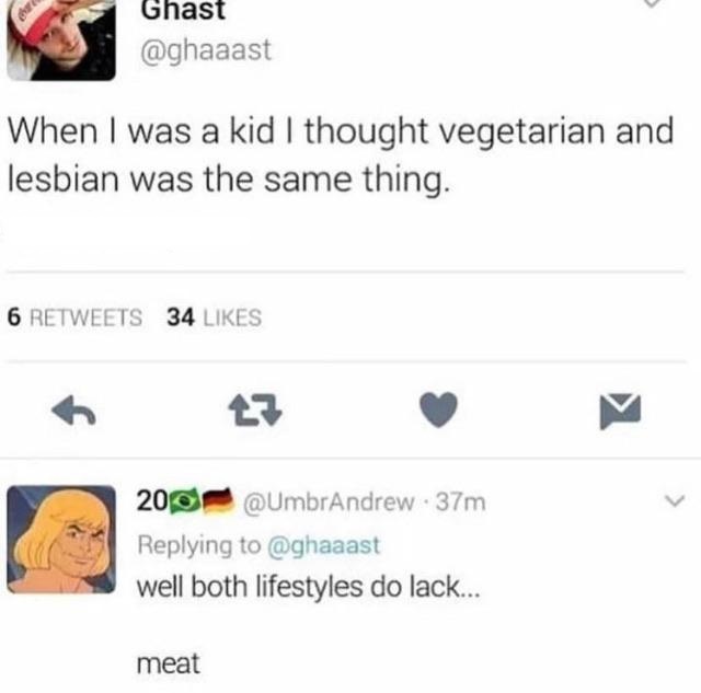 When I was a kid I thought vegetarian and lesbian was the same thing. well both lifestyles do lack... meat