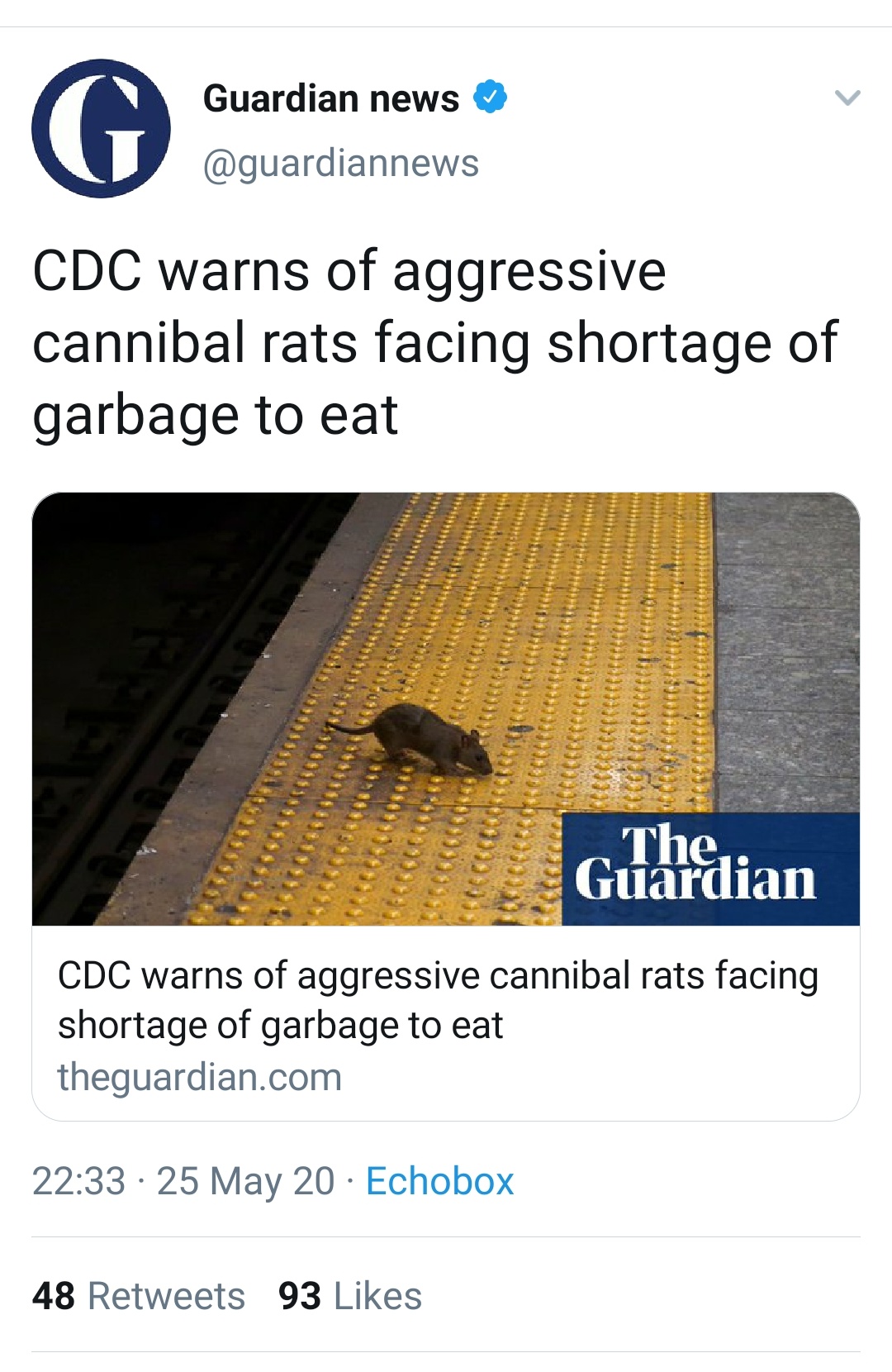 feather and two stones - Guardian news G Cdc warns of aggressive cannibal rats facing shortage of garbage to eat The. Guardian Cdc warns of aggressive cannibal rats facing shortage of garbage to eat theguardian.com 25 May 20. Echobox 48 93