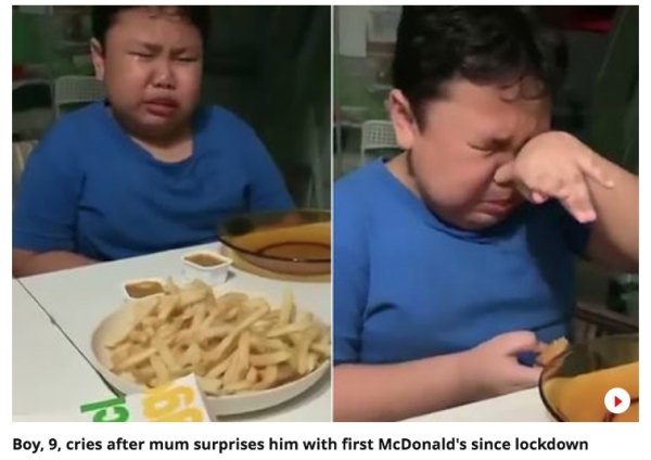 Fast food - Boy, 9, cries after mum surprises him with first McDonald's since lockdown
