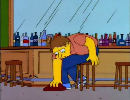 the simpons barney grumble picking up his liver off the floor of moe's bar tavern
