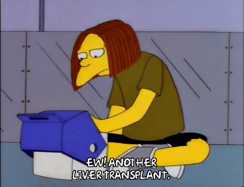 teenager from the simpsons sitting in front of a cooler - ew! another liver transplant