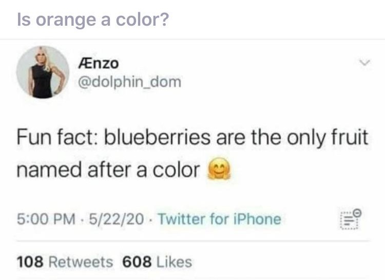 Is orange a color? - Fun fact blueberries are the only fruit named after a color