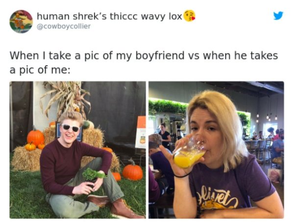 photo caption - human shrek's thiccc wavy lox When I take a pic of my boyfriend vs when he takes a pic of me Jureta
