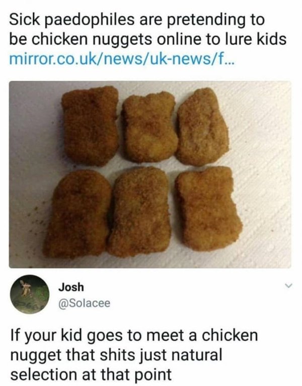 sick paedophiles are pretending to be chicken nuggets - Sick paedophiles are pretending to be chicken nuggets online to lure kids mirror.co.uknewsuknewsf... Josh If your kid goes to meet a chicken nugget that shits just natural selection at that point