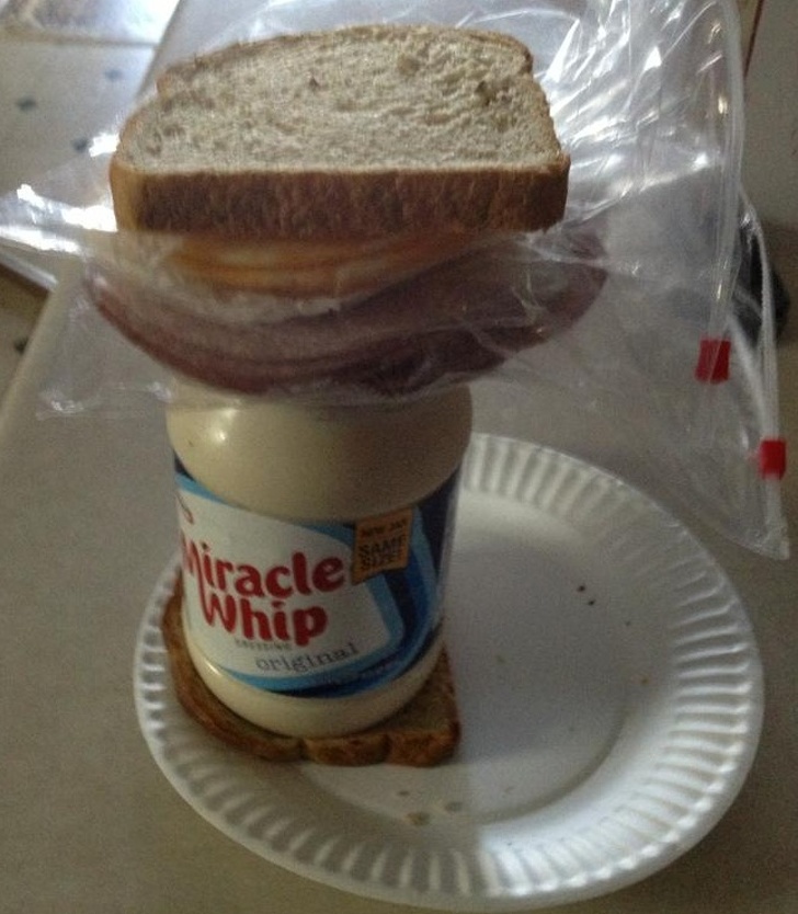 entire miracle whip jar between two slices of bread sandwich