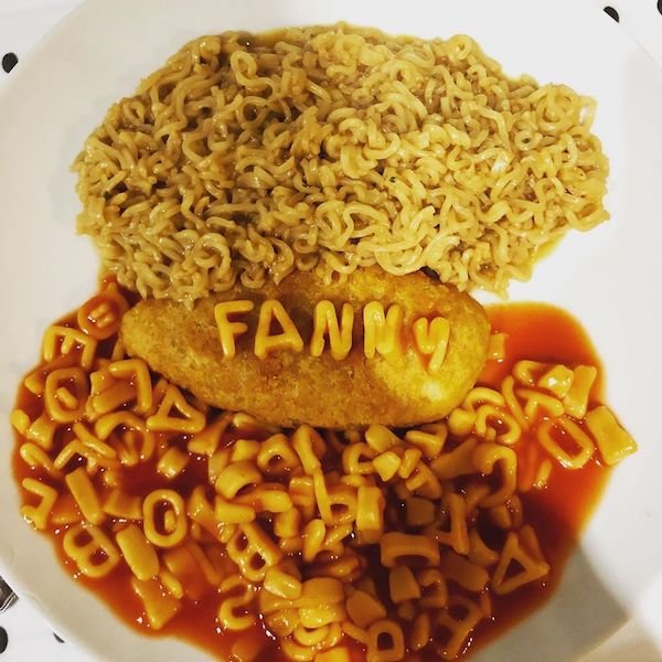 noodles that spelly out the word fancy