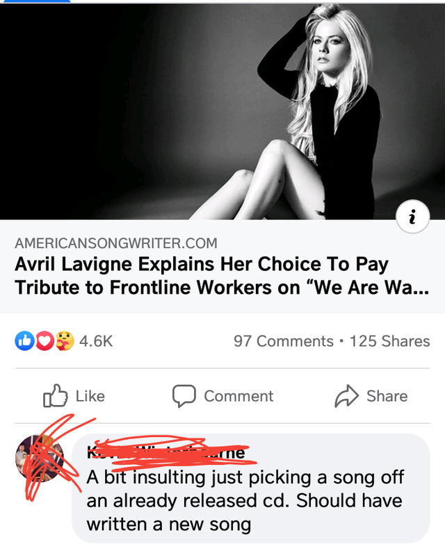 photo caption - i Americansongwriter.Com Avril Lavigne Explains Her Choice To Pay Tribute to Frontline Workers on "We Are Wa... Do 97 125 Comment urne A bit insulting just picking a song off an already released cd. Should have written a new song