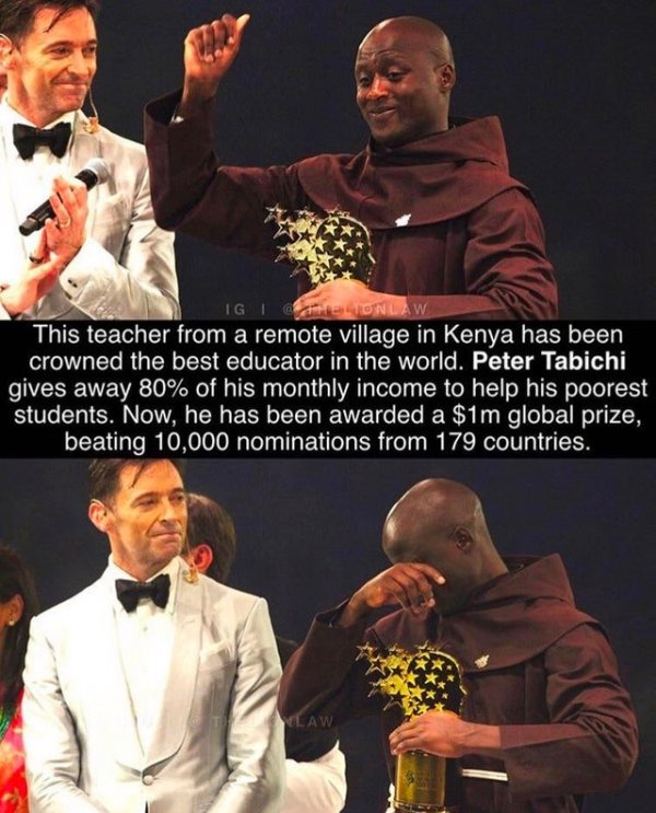 Peter Tabichi - Igi Tento Wlaw This teacher from a remote village in Kenya has been crowned the best educator in the world. Peter Tabichi gives away 80% of his monthly income to help his poorest students. Now, he has been awarded a $1m global prize, beati