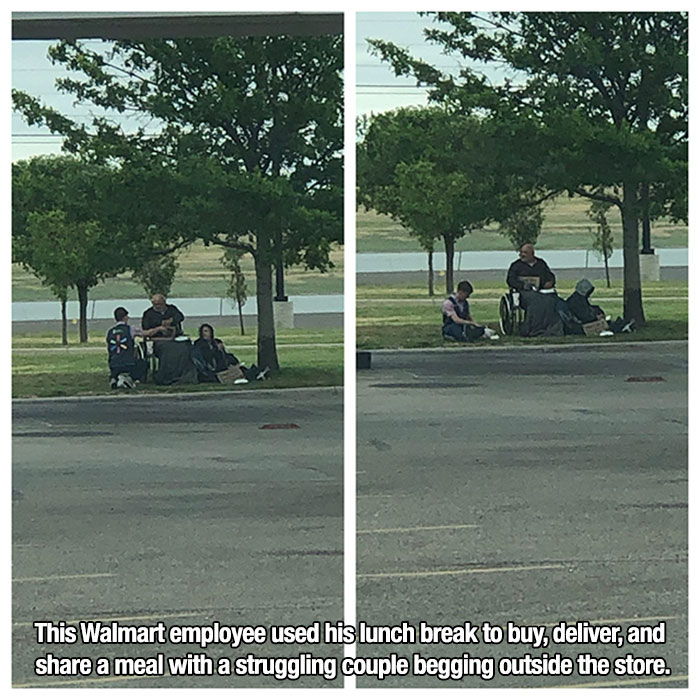 tree - This Walmart employee used his lunch break to buy, deliver, and a meal with a struggling couple begging outside the store.