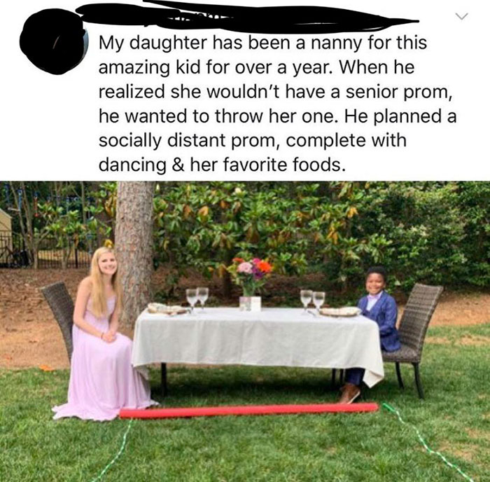table - My daughter has been a nanny for this amazing kid for over a year. When he realized she wouldn't have a senior prom, he wanted to throw her one. He planned a socially distant prom, complete with dancing & her favorite foods. B