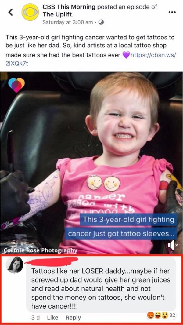 cbs 3 year old cancer tattoos - ... Cbs This Morning posted an episode of The Uplift. Saturday at This 3yearold girl fighting cancer wanted to get tattoos to be just her dad. So, kind artists at a local tattoo shop made sure she had the best tattoos ever 