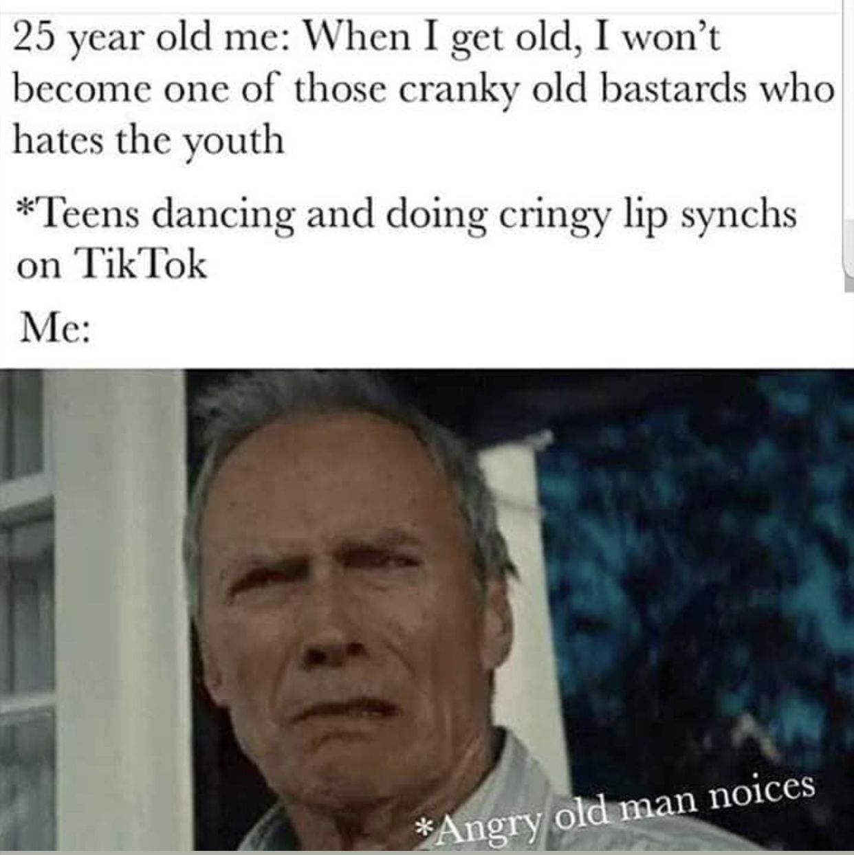photo caption - 25 year old me When I get old, I won't become one of those cranky old bastards who hates the youth Teens dancing and doing cringy lip synchs on TikTok Me Angry old man noices