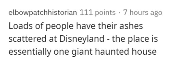 elbowpatchhistorian 111 points 7 hours ago Loads of people have their ashes scattered at Disneyland the place is essentially one giant haunted house