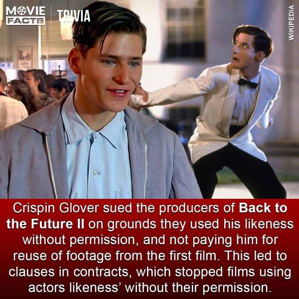 Movie Trivia Facts Wikipedia Crispin Glover sued the producers of Back to the Future Il on grounds they used his ness without permission, and not paying him for reuse of footage from the first film. This led to clauses in contracts, which stopped films…