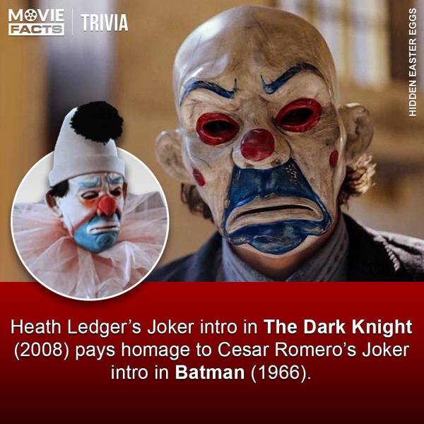 joker clown mask dark knight - Movie Trivia Facts Hidden Easter Eggs Heath Ledger's Joker intro in The Dark Knight 2008 pays homage to Cesar Romero's Joker intro in Batman 1966.