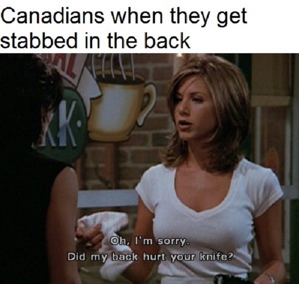 funny rachel green quotes - Canadians when they get stabbed in the back Kk Oh, I'm sorry. Did my back hurt your knife?