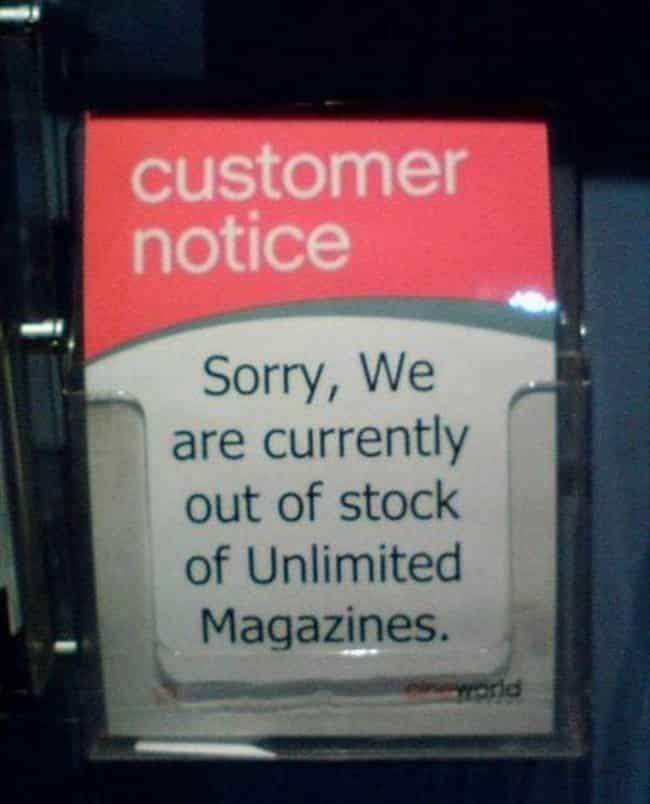 sign - customer notice Sorry, We are currently out of stock of Unlimited Magazines. orie