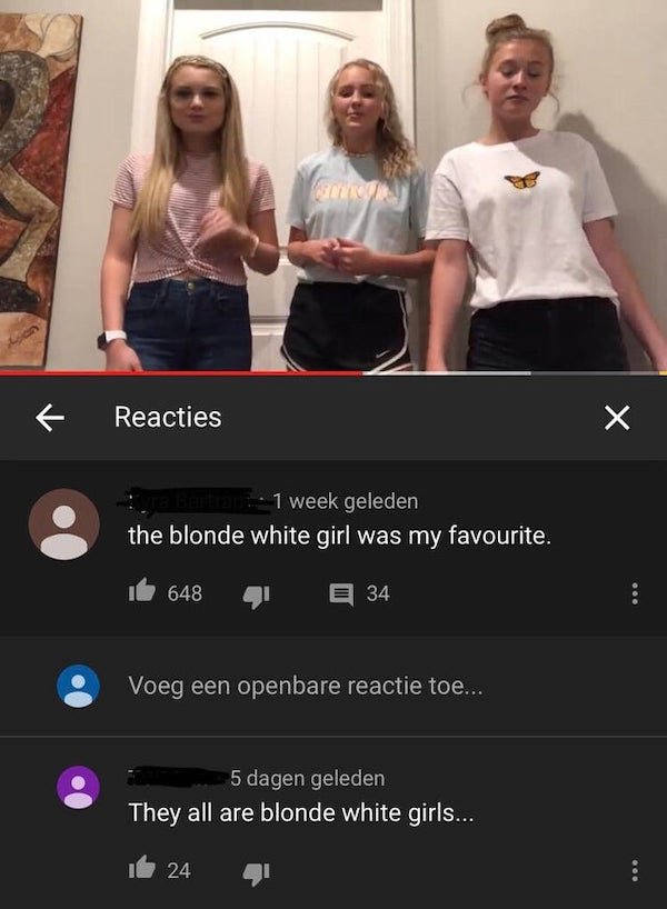 t shirt - k Reacties X 1 week geleden the blonde white girl was my favourite. 648 E 34 Voeg een openbare reactie toe... 5 dagen geleden They all are blonde white girls... 24