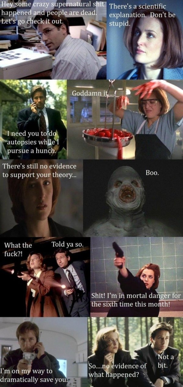 every x files episode ever - Hey some crazy supernatural shit There's a scientific happened and people are dead. explanation. Don't be Let's go check it out. stupid. Goddamn it...! I need you to do autopsies while pursue a hunch. There's still no evidence