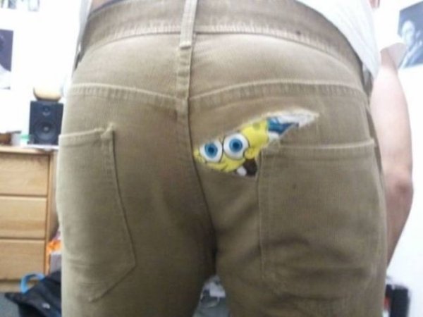 spongebob squarepants boxers peaking through ripped pants