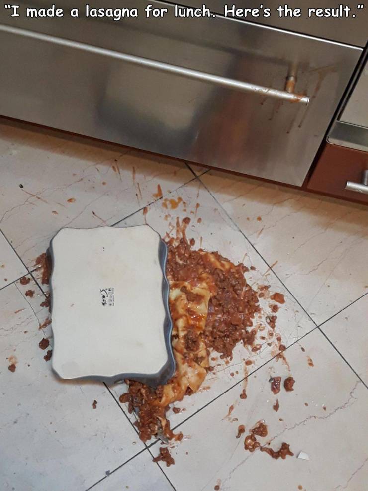 lasagna all over the floor - "I made a lasagna for lunch. Here's the result."