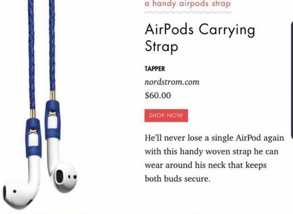 cacca di arale - a handy airpods strap AirPods Carrying Strap Tapper nordstrom.com $60.00 Shop Now He'll never lose a single AirPod again with this handy woven strap he can wear around his neck that keeps both buds secure.