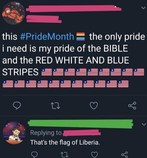 stupid things people said - this the only pride i need is my pride of the Bible and the Red White And Blue Stripes Ss Es 33393333333 That's the flag of Liberia.