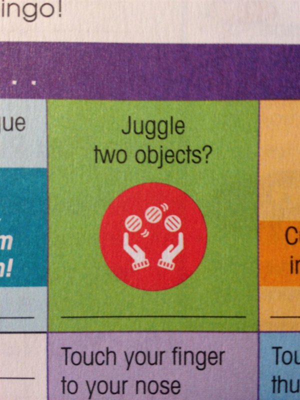 Juggle two objects? but the picture shows someone juggling three objects